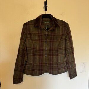 VTG Lauren Ralph Lauren Wool Blazer Barn Coat Tapered Green Plaid 10 EUC